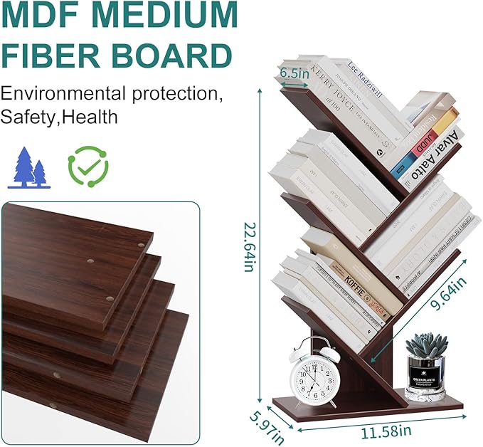 Tree Bookshelf, 5 -Tier Book Storage Organizer Shelves Floor Standing Bookcase, Wood Storage Rack for Office Home School Shelf Display for Cd/Magazine (Dark Walnut) - LeafyLoom