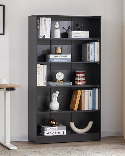 STARY 5 Shelf Black Bookcase 60 inch Tall Wood Bookshelf for Bedroom - LeafyLoom