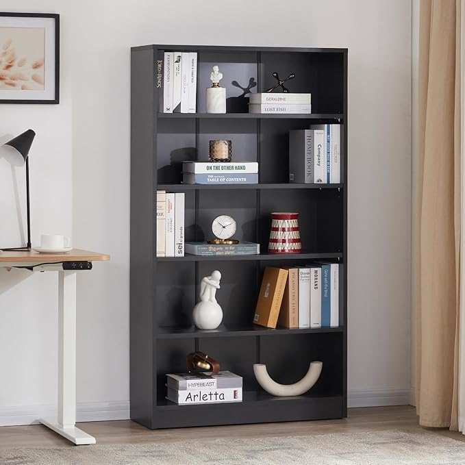 STARY 5 Shelf Black Bookcase 60 inch Tall Wood Bookshelf for Bedroom - LeafyLoom