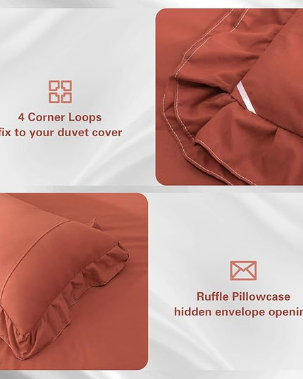 Terracotta Double Ruffle Comforter Set Full Size (79x90 Inch), 3 Pcs Farmhouse Vintage Comforter Set (1 Ruffled Comforter and 2 Pillowcase), Rustic All Season Down Alternative Bedding Set - LeafyLoom