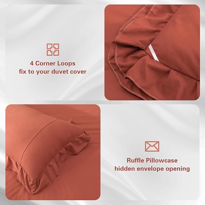 Terracotta Double Ruffle Comforter Set Twin Size (66x90 Inch), 2 Pcs Farmhouse Vintage Comforter Set (1 Ruffled Comforter and 1 Pillowcase), Rustic All Season Down Alternative Bedding Set - LeafyLoom