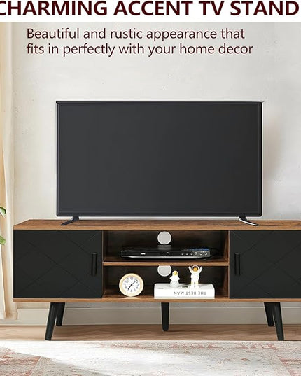 Iwell TV Stand for 55 inch TV, TV Console, Entertainment Center with 2 Cabinets & Open Shelf, Mid Century Modern TV Stand for Living Room/Bedroom, Black - LeafyLoom
