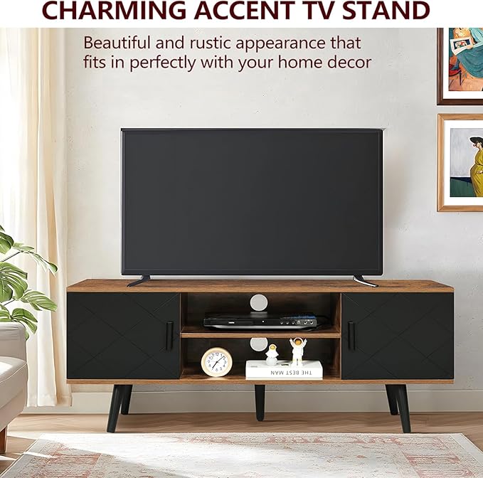 Iwell TV Stand for 55 inch TV, TV Console, Entertainment Center with 2 Cabinets & Open Shelf, Mid Century Modern TV Stand for Living Room/Bedroom, Black - LeafyLoom