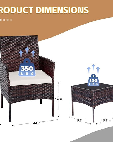 Patio Furniture Set 3 Pieces All-Weather Rattan Outdoor Furniture Patio Chairs with Tempered Glass Table for Porch Bistro Balcony Bistro Set(Brown/Beige-2) - LeafyLoom
