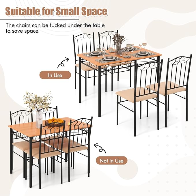 LUARANE 5-Piece Dining Table Set, Rectangular Dining Table with 4 Cushioned Chairs, Modern Wooden Breakfast Table Set for Small Spaces, Apartment, Dinette, Breakfast Nook, Black + Natural - LeafyLoom