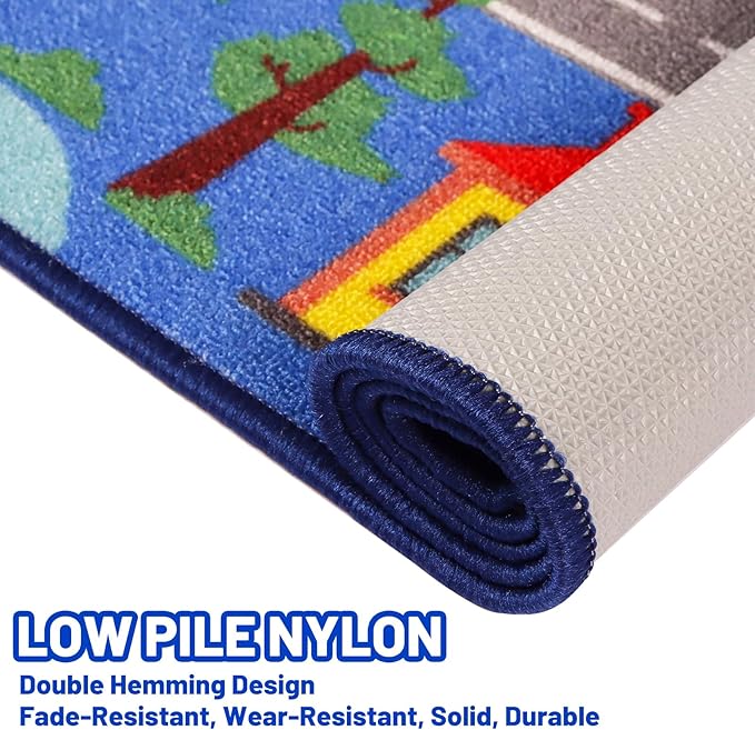 Kids Carpet Playmat Rug 59"x39.4", Car Rug for Kids Cars, Non-Slip Town City Road Map Kids Rug for Playroom Bedroom Boys, Kids Car Mat Road Rug, Track Rug Car Play Rug for Kids (59X39.4 INCH-Blue) - LeafyLoom