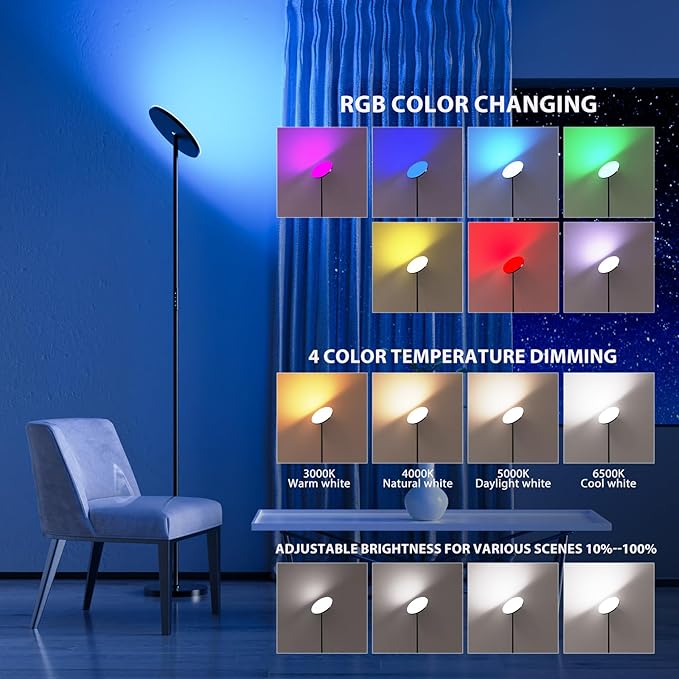 Dimunt Floor Lamp, 36W/3600LM Super Bright LED Floor Lamps, RGB Modern Standing Lamp with Remote and Button Control, 3000K-6500K Dimmable Tall Lamp for Living Room, Bedroom, Game Room, RGB Corner Lamp - LeafyLoom