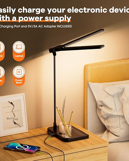 RealPlus Desk Lamp with USB Charging Port & 【Adapter】, 17IN Tall LED Desk Lamps for Home Office, 10W Double Head Desk Lamp with Pen Holder, Memory Function/10 Brightness/5 Colors/Reading Mode/Timer - LeafyLoom