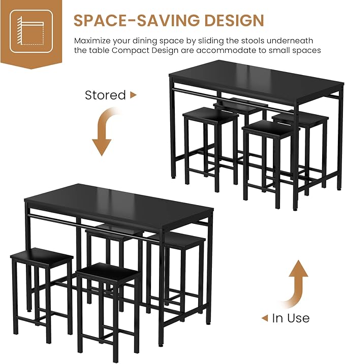 DKLGG Dinner Table Set for 4, Modern Kitchen Table and Chairs for 4 Wooden Top and Adjustable Metal Legs, Small Dining Room Table Set 5 Pieces Compact Design for Small Space - LeafyLoom