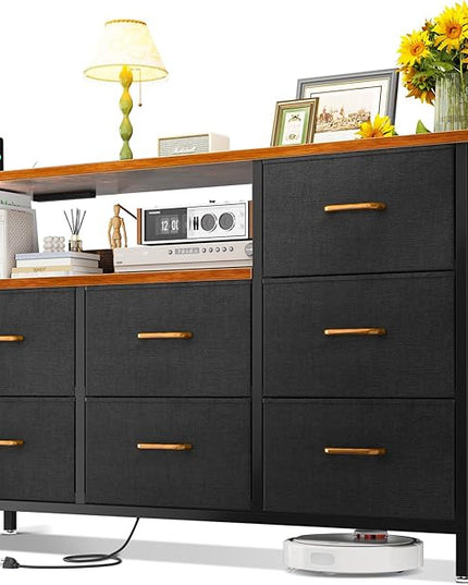 AODK Dresser with Charging Station, 52-Inch Long Dresser for Bedroom with 7 Large Fabric Drawers, Entertainment Center with Open Shelves for 55-Inch TV for Living Room, Black and Vintage - LeafyLoom