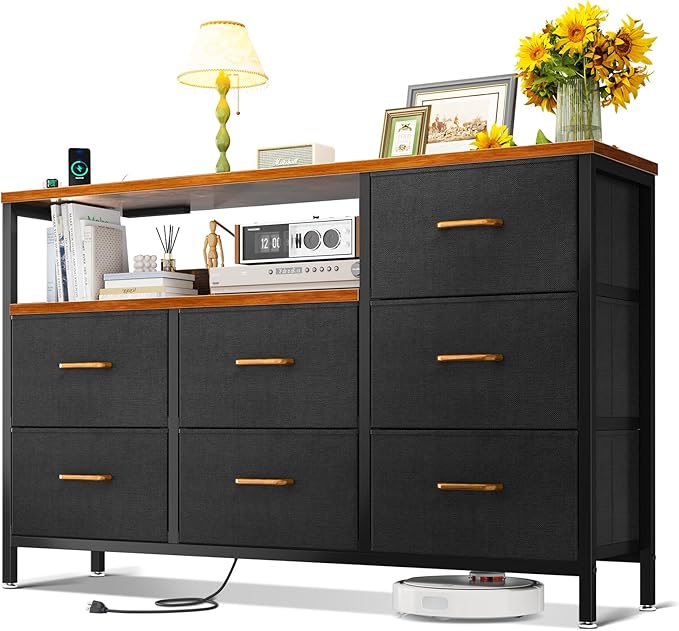 AODK Dresser with Charging Station, 52-Inch Long Dresser for Bedroom with 7 Large Fabric Drawers, Entertainment Center with Open Shelves for 55-Inch TV for Living Room, Black and Vintage - LeafyLoom