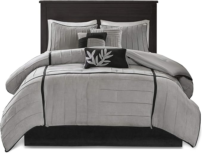 Madison Park Cozy Comforter Set Casual Blocks Design All Season, Matching Bed Skirt, Decorative Pillows, King (104 in x 92 in), Dune Black/Grey, 7 Piece - LeafyLoom