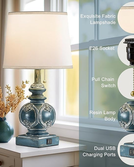 20.75" Farmhouse Table Lamps for Bedroom Set of 2, Rustic Bedside Lamps with 2 USB Port, Retro side table lamp Antique Nightstand Lamp for Living Room End Table Office Country, Traditional Washed Blue - LeafyLoom