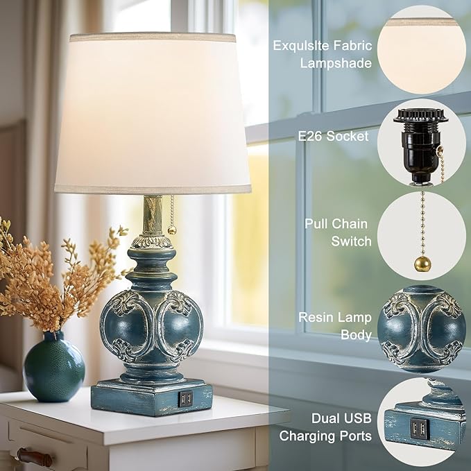 20.75" Farmhouse Table Lamps for Bedroom Set of 2, Rustic Bedside Lamps with 2 USB Port, Retro side table lamp Antique Nightstand Lamp for Living Room End Table Office Country, Traditional Washed Blue - LeafyLoom