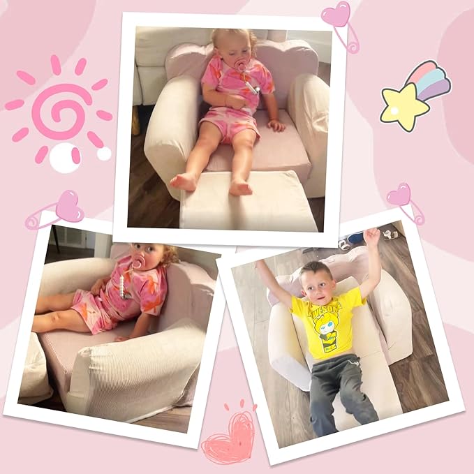 3-in-1 Toddler Chair Comfy Kids Sofa Chair,Toddler Couch Fold Out with Folding Ottomans,Foldable Baby Couch for Girls and Boys,Convertible Kids Chair Cozy to Lounger Pull Out for Playroom,Beige Pink - LeafyLoom