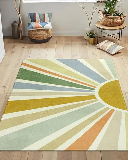Boho Washable Rug 4'x6' Rug Kids Area Rug for Playroom, Non-Slip Kids Rug for Bedroom, Rainbow Modern Sun Carpet Soft Throw Sunshine Rug for Office Nursery Entryway Dorm - LeafyLoom