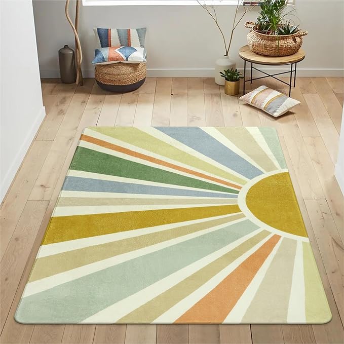 Boho Washable Rug 4'x6' Rug Kids Area Rug for Playroom, Non-Slip Kids Rug for Bedroom, Rainbow Modern Sun Carpet Soft Throw Sunshine Rug for Office Nursery Entryway Dorm - LeafyLoom