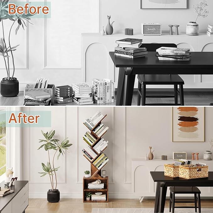 Vagusicc 6 Tier Tree Bookshelf, Modern Floor Standing Bookcase with Storage Drawer, Space Saving Storage Organizer Book Shelves for Books, Tall Wood Storage Rack for Bedroom/Living Room/Home Office - LeafyLoom