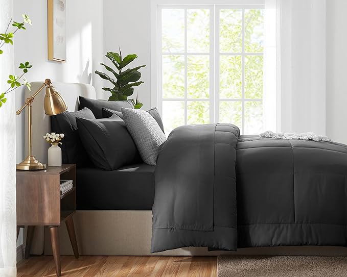 CozyLux King Size Comforter Set - 7 Pieces Bed in a Bag Set Dark Grey, King Bedding Set with All Season Quilted Comforter, Flat Sheet, Fitted Sheet, Pillowcases - LeafyLoom
