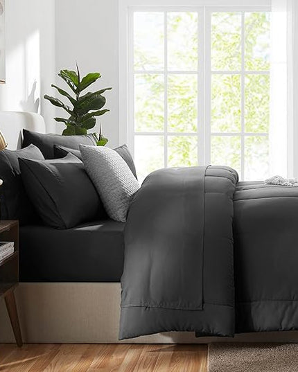 CozyLux California King Size Comforter Sets - 7 Pieces Bed in a Bag Set Dark Grey, Bedding Sets Cal King with All Season Quilted Comforter, Flat Sheet, Fitted Sheet, Pillowcases, Dark Grey - LeafyLoom