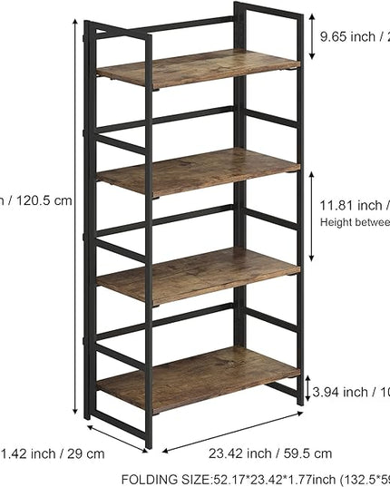 No-Assembly Folding Bookshelf Storage Shelves 4 Tiers Vintage Multifunctional Plant Flower Stand Storage Rack Shelves Bookcase for Home Office (Firestone and Black) - LeafyLoom