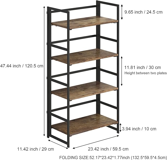 No-Assembly Folding Bookshelf Storage Shelves 4 Tiers Vintage Multifunctional Plant Flower Stand Storage Rack Shelves Bookcase for Home Office (Firestone and Black) - LeafyLoom