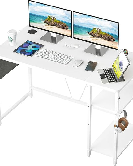 Computer Desk, 47.2” Home Office Desks, Modern Small Desk for Bedroom, Gaming Desk with Iron Hook and Height Adjustable Feet, Sturdy Student Writing Desk with Storage Bag, Storage Shelves - LeafyLoom