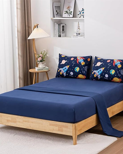 Aimuan Space Comforter Twin Set Kids Rocket Bedding Set Super Soft & Cute Aliens UFO Printed for Boys Girls Teen (Navy, Full 5Pcs) - LeafyLoom