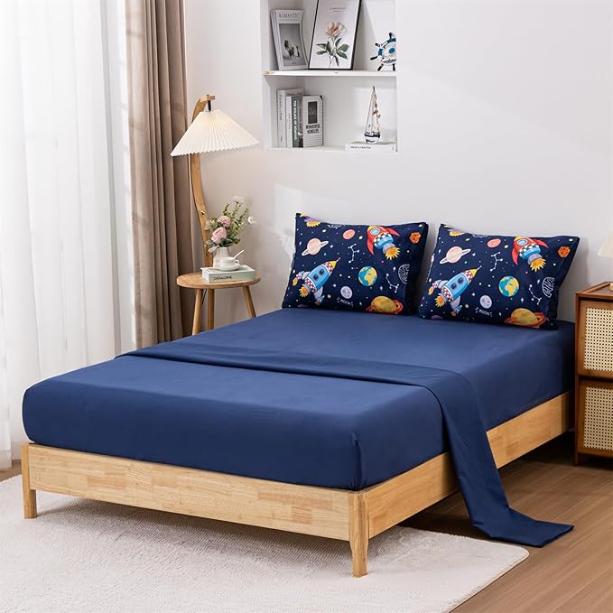 Aimuan Space Comforter Twin Set Kids Rocket Bedding Set Super Soft & Cute Aliens UFO Printed for Boys Girls Teen (Navy, Twin 5Pcs) - LeafyLoom