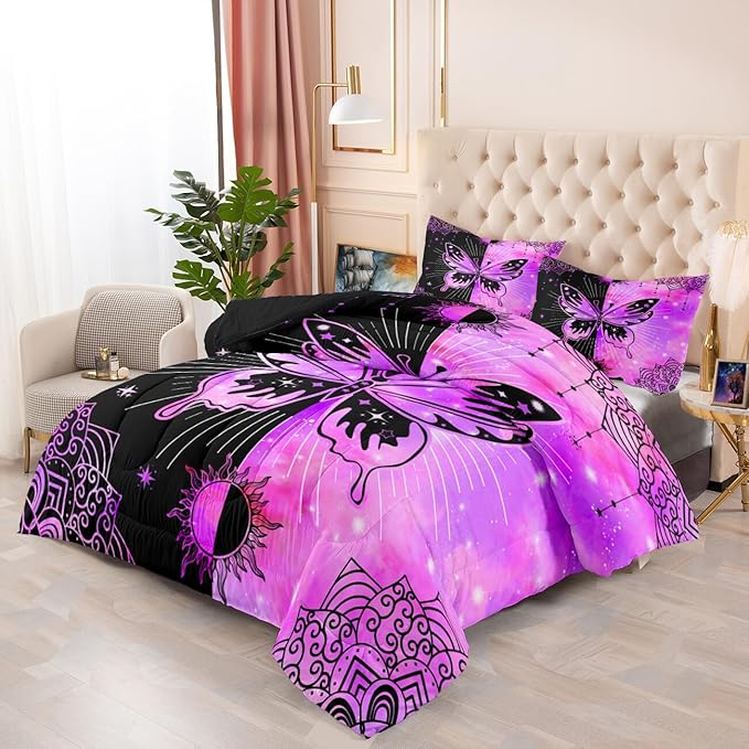 Butterfly Comforter Set for Girls Women, Butterfly Bed Set, Boho Butterflies with Sun and Moon Printed Bedding Sets, Black Purple Butterfly Comforter Set Full Size with 2 Pillowcases - LeafyLoom