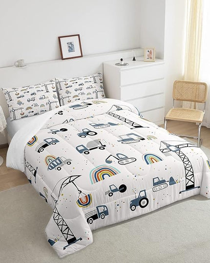 Cute Cars Bedding Set Kids Cartoon Excavator Comforter for Boys Girls Machinery Bulldozer Crane Comforter Set Colorful Rainbow Construction Site Duvet Set Room Decor Quilt Full Size Boys - LeafyLoom