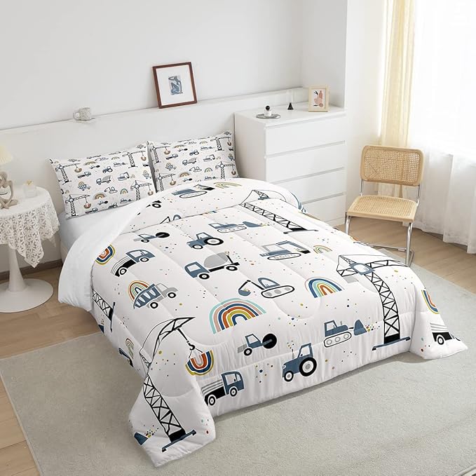 Toddler Cute Cars Bedding Set Cartoon Excavator Kids Comforter Set Boys Construction Vehicles Comforter Equipment Trucks Duvet Set Rainbow Room Decor Tractor Quilt Set Queen Size With 2 Pillow Case - LeafyLoom