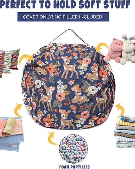 Stuffed Animal Storage Bean Bag Chair Cover, Hold Kids Plush Toys Blankets Towels Beanbag (Cover Only), Canvas Floor Circle Stuff Sit Seat Sofa with YKK Zipper, Extra Large 38", Fawn - LeafyLoom