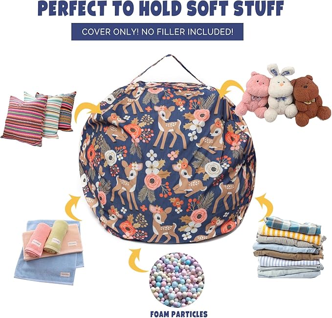 Stuffed Animal Storage Bean Bag Chair Cover, Hold Kids Plush Toys Blankets Towels Beanbag (Cover Only), Canvas Floor Circle Stuff Sit Seat Sofa with YKK Zipper, Large 32", Fawn - LeafyLoom