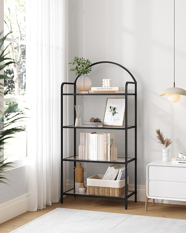 Bookcase Bookshelf, Tempered Glass Bookshelves, Slim Shelving Unit for Bedroom, Bathroom, Home Office, Steel Frame, 4 Tier Black BC21499B - LeafyLoom