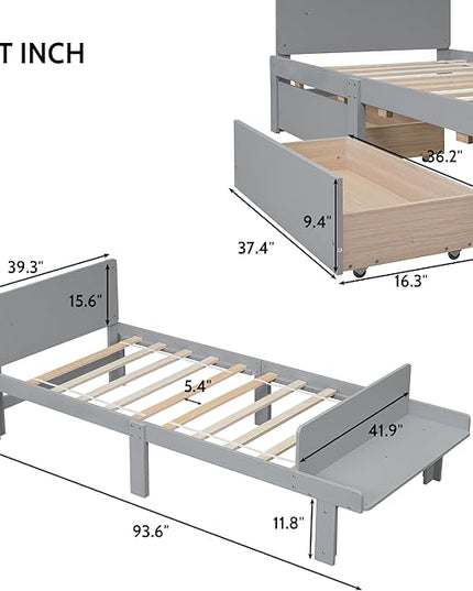 Twin Bed with 2 Drawers,Storage Platform Bed with Footboard Bench and Headboard,Pine Wood Twin Size Bed Frame High Stable for Kids,Boys,Girls,Teens, No Box Spring Needed,Grey - LeafyLoom