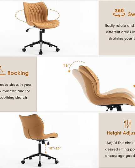 YOUNUOKE Office Desk Chair, Comfy Home Office Chairs, Small Comfortable Desk Chairs with Wheels, Armless PU Leather Chairs for Computer Conference, Camel - LeafyLoom
