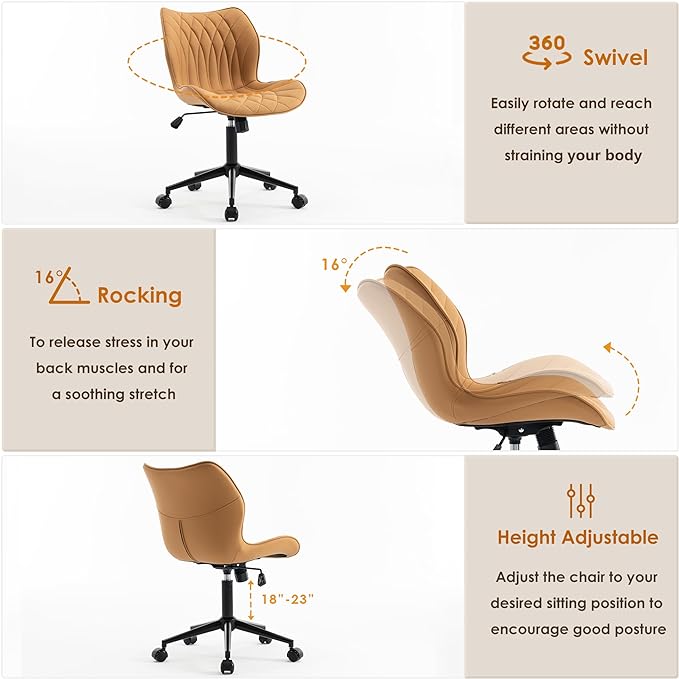 YOUNUOKE Office Desk Chair, Comfy Home Office Chairs, Small Comfortable Desk Chairs with Wheels, Armless PU Leather Chairs for Computer Conference, Camel - LeafyLoom