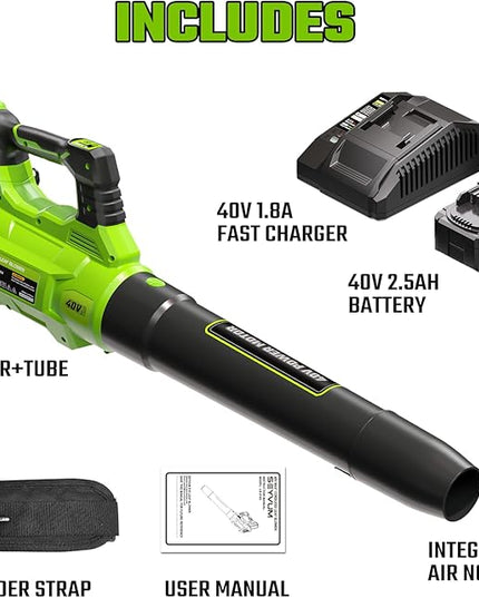 SEYVUM 40V Leaf Blower Cordless - 600CFM 165MPH, Electric Leaf Blower with Upgrade 40V 2.5Ah Battery & Charger, Leaf Blower for Lawn Care with Shoulder Strap - 3 Speed Mode for Leaf/Dust/Snow Blowing - LeafyLoom