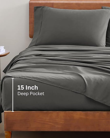 LANE LINEN 100% Organic Cotton California King Sheets Set, 4-Piece Pure Organic Cotton Long Staple Percale Weave Soft Best Bedding Sheets for Bed, Breathable, Fits Mattress Upto 15" Deep - Charcoal - LeafyLoom
