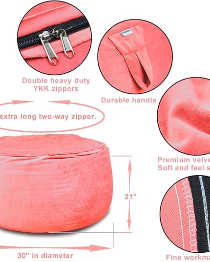 Bean Bag Chair Cover, Stuffed Animal Storage, Plush Toys Organizer Holder, Beanbag Chairs Cover for Kids Teans and Adults Super Soft and Comfortable Fabric X-Large with Handle and Zipper -Round Pink - LeafyLoom