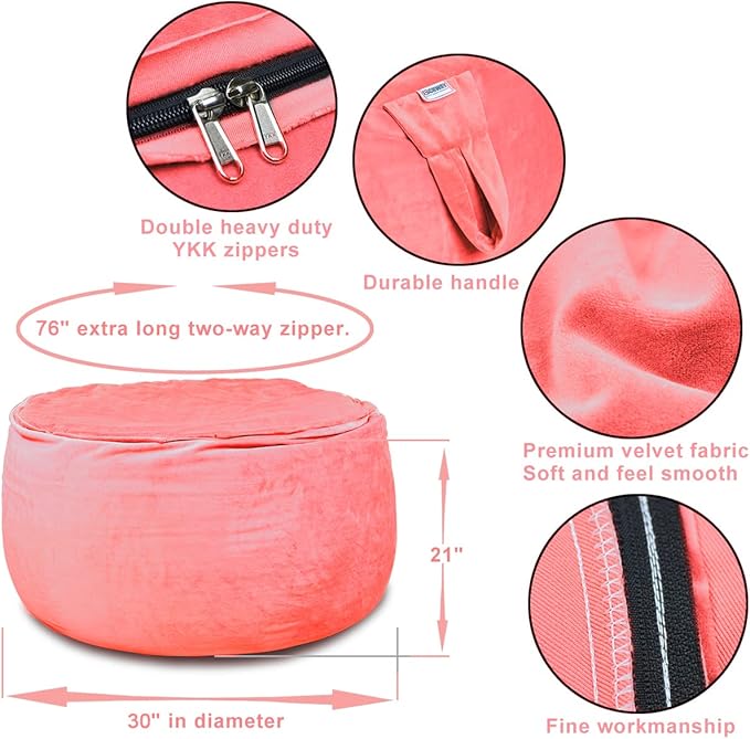 Bean Bag Chair Cover, Stuffed Animal Storage, Plush Toys Organizer Holder, Beanbag Chairs Cover for Kids Teans and Adults Super Soft and Comfortable Fabric X-Large with Handle and Zipper -Round Pink - LeafyLoom