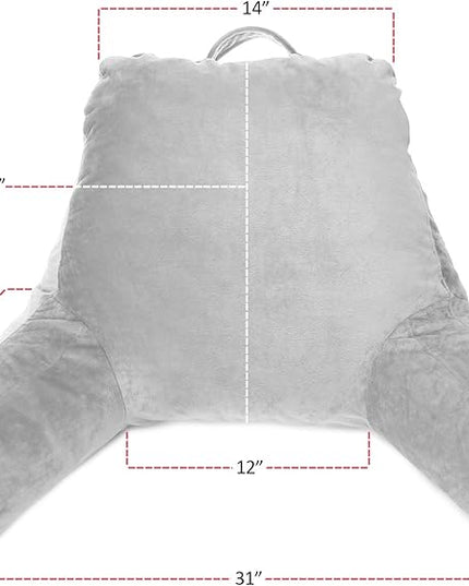 Clara Clark Reading Pillow, Standard Back Pillow for Sitting Up in Bed, Memory Foam Back Support Pillow, Reading Pillows for Sitting in Bed, Light Grey Sit Up Pillow for Bed, Arm Pillow with Pockets - LeafyLoom