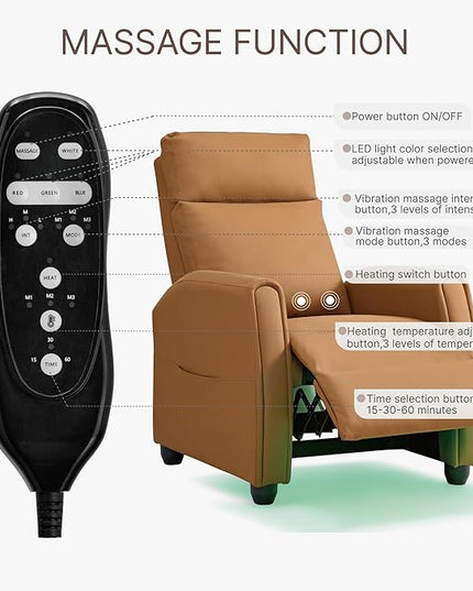 Recliner Chair for Adults PU Leather Push Back Armchair with 4 Colors Ambient Lighting Home Theater Seating with Massage & Heat Vibration Single Sofa for Living Room, Camel - LeafyLoom