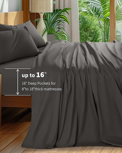 Shilucheng 100% Cotton Sheets Set - 600 Thread Count，Luxury Egyptian Cotton Bed Sheets，5-Star Hotel Quality Sheets, Breathable & Cooling, 16 Inch Deep Pocket - 4 Piece (Dark Grey, Full) - LeafyLoom