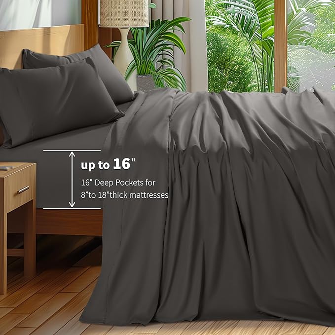 Shilucheng 100% Cotton Sheets Set - 600 Thread Count，Luxury Egyptian Cotton Bed Sheets，5-Star Hotel Quality Sheets, Breathable & Cooling, 16 Inch Deep Pocket - 4 Piece (Dark Grey, California King) - LeafyLoom