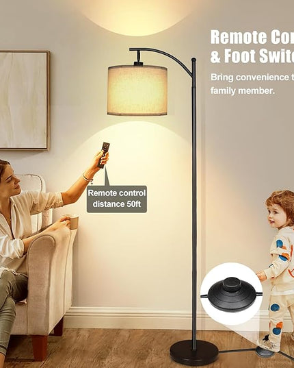 2024 LED Floor Lamps for Living Room, 12W 1200LM Modern Arc Floor Lamp with Remote & Adjustable Linen Lampshade, 12 Color Temperature Stepless Dimmable Tall Standing Lamp for Bedroom Office Reading - LeafyLoom