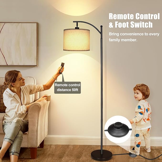 2024 LED Floor Lamps for Living Room, 12W 1200LM Modern Arc Floor Lamp with Remote & Adjustable Linen Lampshade, 12 Color Temperature Stepless Dimmable Tall Standing Lamp for Bedroom Office Reading - LeafyLoom