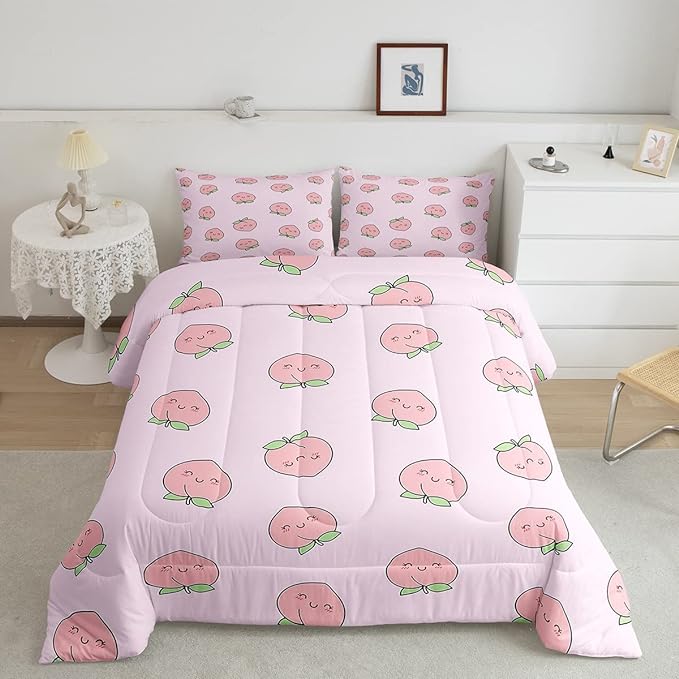 Erosebridal Peach Comforter Set Queen for Girls Women Kids Cute Cartoon Red Fruit Printed Reversible Bedding Set Kawaii Decor Soft Warm Quilt Duvet Set Pink Nature Plant Comforter - LeafyLoom