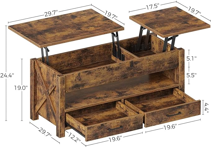 Seventable Coffee Table, 47.2" Lift Top Coffee Table with 2 Storage Drawers and Hidden Compartment, Farmhouse Center Table with Wooden Lift Tabletop, for Living Room,Rustic Brown - LeafyLoom